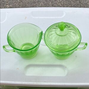 Green Depression Glass Sugar Bowl and Creamer Set